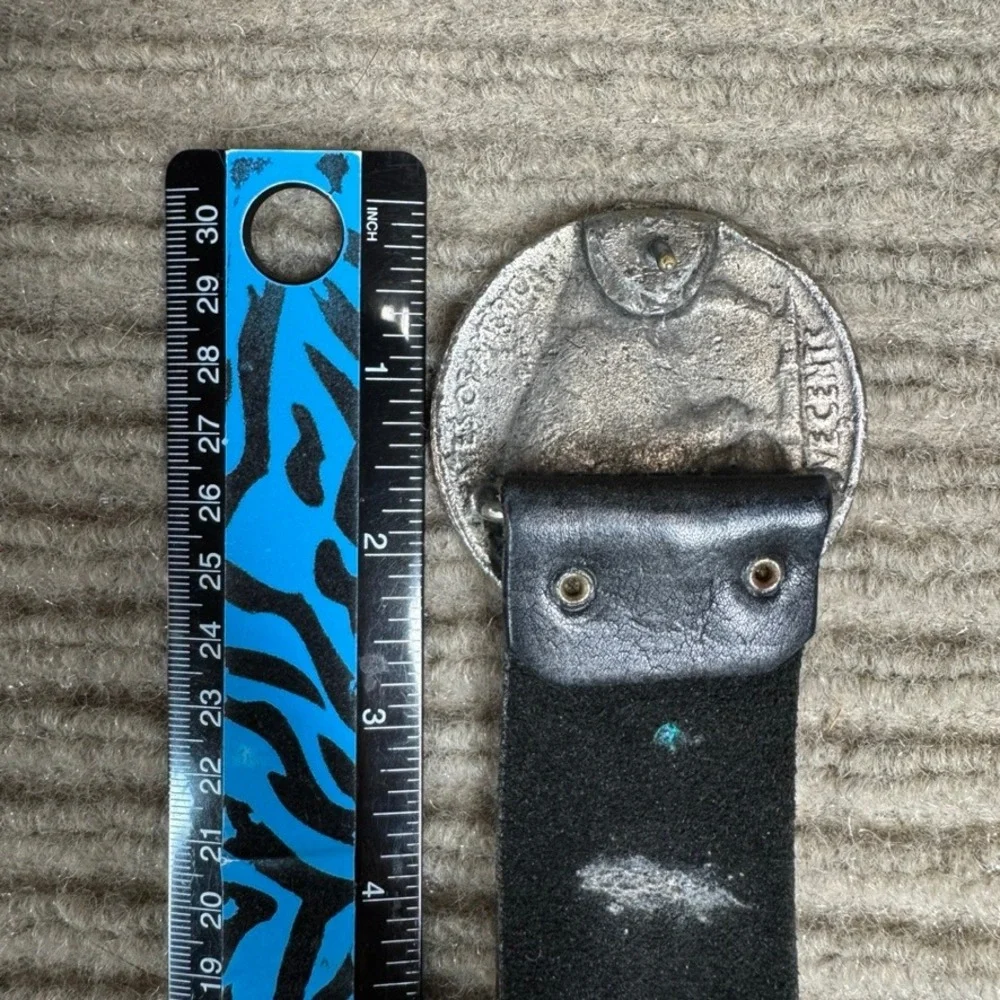 Canterbury Filenes Black Leather Belt Buffalo Nickel Coin Buckle Size 34 1683101
